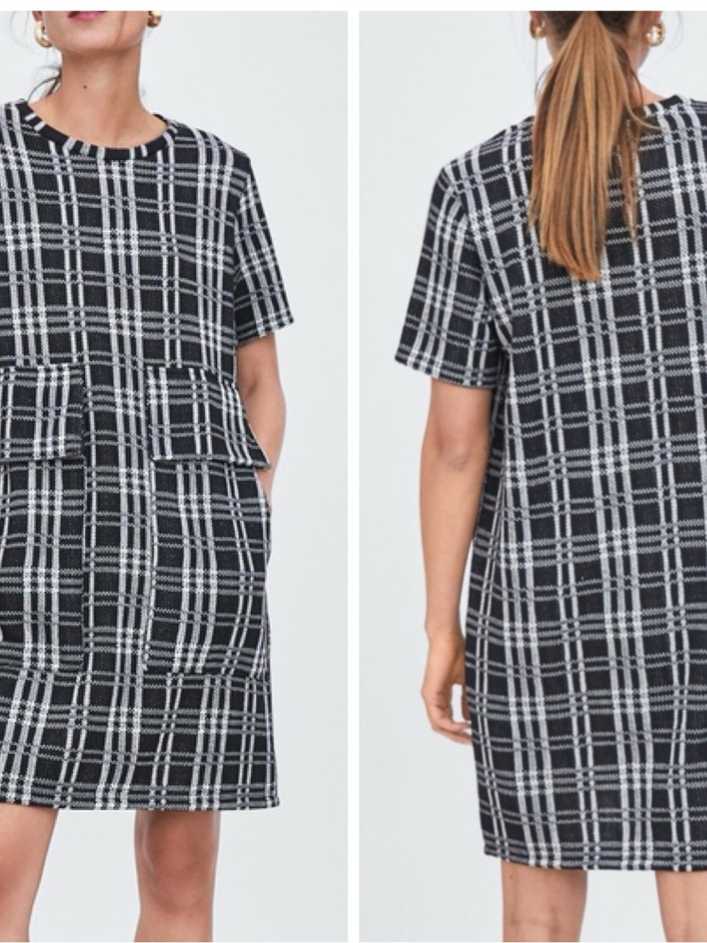Zara Black and White Plaid Short Sleeve Shift Dress
